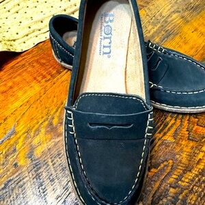 Black and cream Born Penny Loafers.